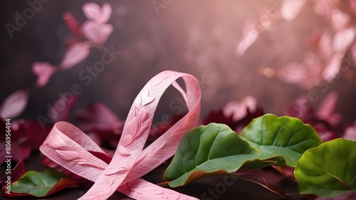 cancer awareness ribbon against a background of decorative leaves photo