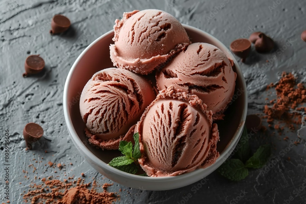 Bowl with ice cream on grey background, top view. generative ai. Bowl with ice cream on grey background, top view. generative ai.