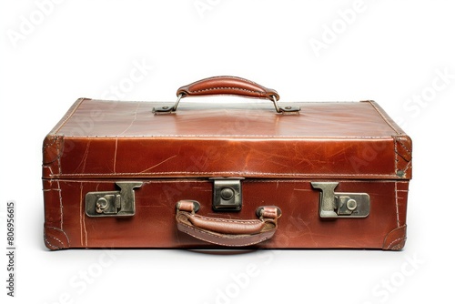 Classic leather suitcase photo on white isolated background