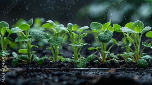 Young seedlings in a row receiving nourishment from an automated watering system in an eco-friendly urban garden.
