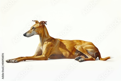 white background  fine realistic illustration of a greyhound lying down  contained within the white background  --ar 9 6