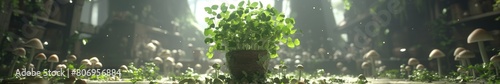 A pot of plants, with a background of mushrooms in the ruins. Ultra-wide photo