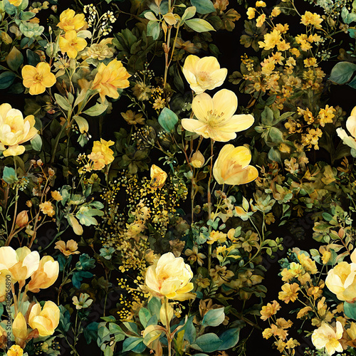 bright-toned blossoms and vibrant foliage, in buttery yellow and deep jade tones on dark background. Watercolor style. Wrapping Paper, Textile Design, Stationery Background, Creative Projects