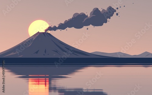 Stylized image of a mountain with puffs of smoke  a smoldering volcano. Reflections on water. Copy space
