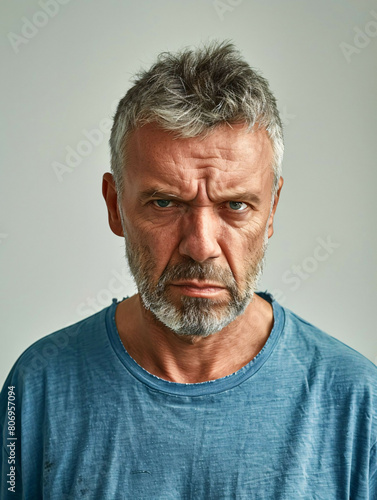 A man with a beard and gray hair is wearing a blue shirt
