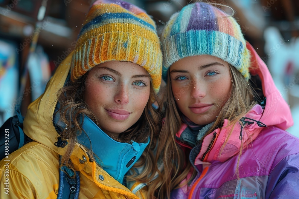 Ski style with fancy snow attire featuring vivid, vibrant hues of pink, pastel blue, and rainbow ski goggles against a snowy backdrop. Ski style with fancy snow attire featuring vivid, vibrant hues of pink, pastel blue, and rainbow ski goggles against a snowy backdrop.