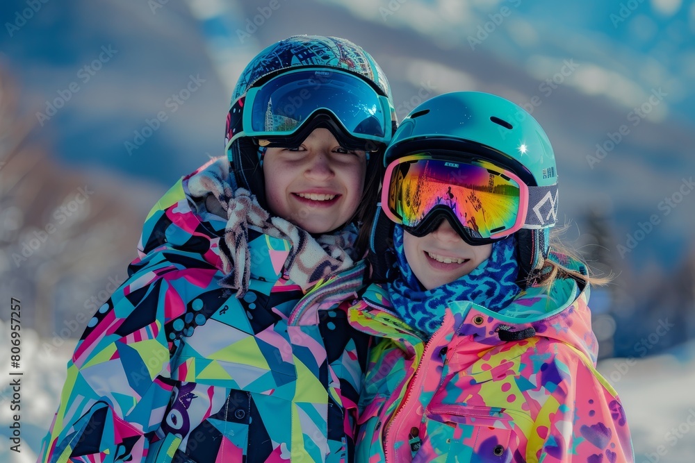 Ski style with fancy snow attire featuring vivid, vibrant hues of pink, pastel blue, and rainbow ski goggles against a snowy backdrop.