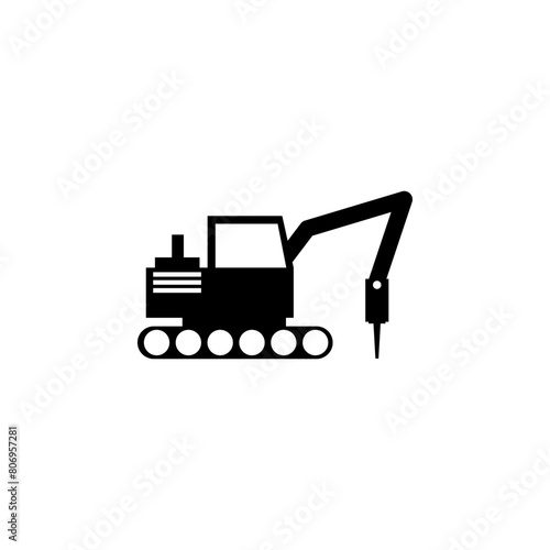 Excavator with Hammer, Drill Machine flat vector icon. Simple solid symbol isolated on white background. Excavator with Hammer, Drill Machine sign design template for web and mobile UI element