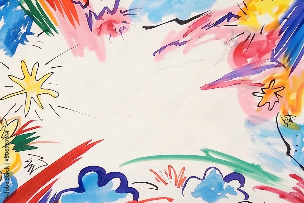 Rectangular comic panel with a smoky border in cartoon style, featuring clouds, fireworks, and lightning bolts surrounding a blank white center. Rectangular comic panel with a smoky border in cartoon style, featuring clouds, fireworks, and lightning bolts surrounding a blank white center.