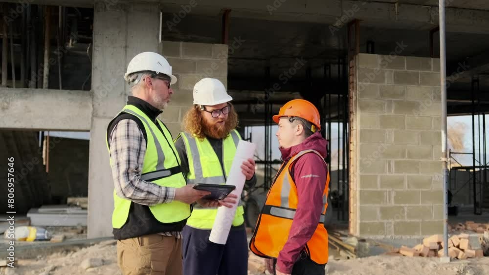 Dispute on a construction site between colleagues, worker, contractor and design engineer who disagree with the implementation of construction drawings, slow motion. Dispute on a construction site between colleagues, worker, contractor and design engineer who disagree with the implementation of construction drawings, slow motion.