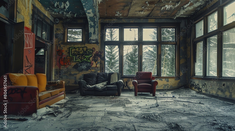 A large, abandoned room with broken furniture and graffiti on the walls. The windows are covered in snow.