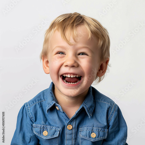 A young boy with blonde hair is smiling and laughing