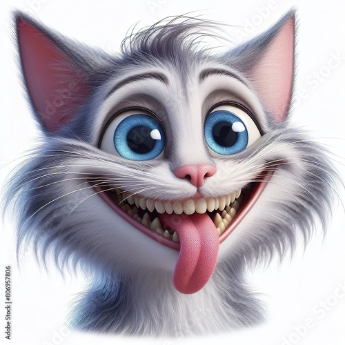 a photorealistic whimsical cartoon Cat with a mischievous grin. The Cat has blue eyes and long fur