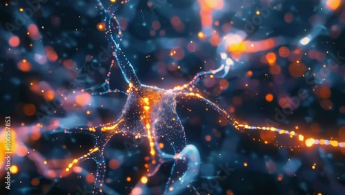 A close up of a brain with many neurons and a lot of glowing dots. Concept of complexity and wonder, as the viewer is able to see the intricate network of neurons and the way they are connected photo