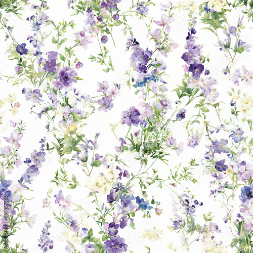 Bright blooms and verdant foliage, in soft lilac and emerald shades on light background. Watercolor style. Wrapping Paper, Textile Design, Stationery Background, Creative Projects