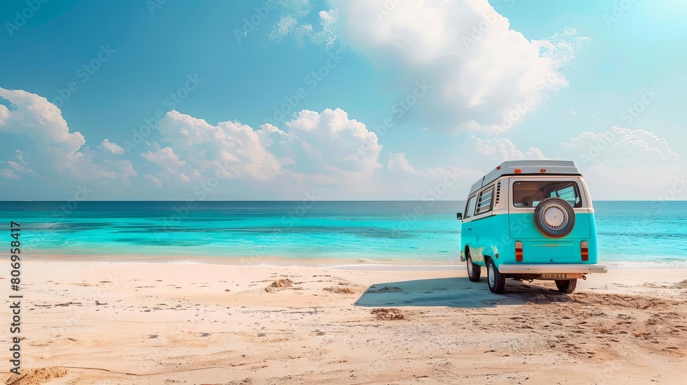 cozy retro camper van parked on secluded sandy beach by turquoise ocean wanderlust travel concept