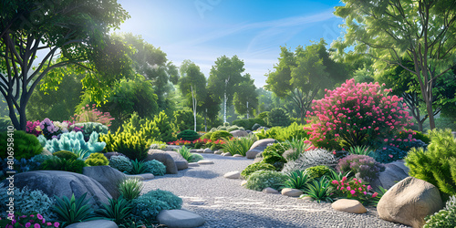 Tranquil gardens with winding pathways octane rend with many trees and flowers eith rocks and stones on the side of pathway and sky on backgound.