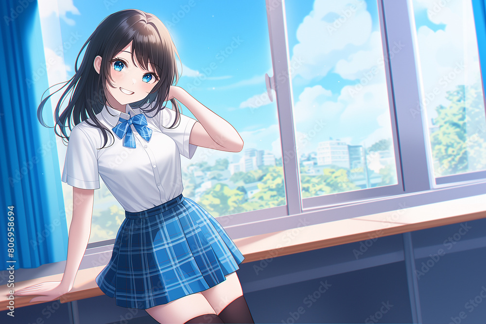 A high school girl in a white shirt and blue plaid skirt is leaning on the window sil Anime style Wallpaper A high school girl in a white shirt and blue plaid skirt is leaning on the window sil Anime style Wallpaper