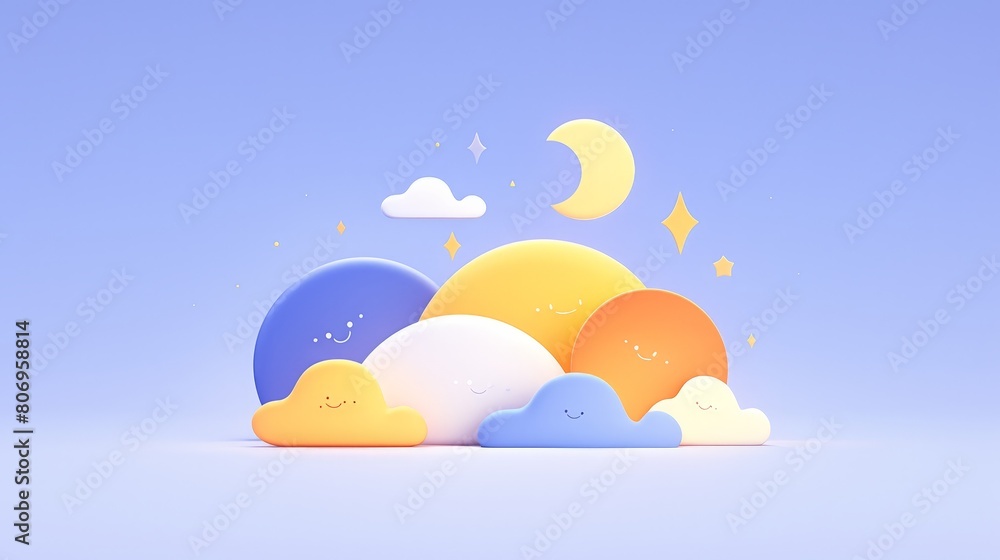 Night baby landscape, crescent moon, clouds, stars, sunshine, blue background. Lullaby. Background, banner, poster, space for text. Night baby landscape, crescent moon, clouds, stars, sunshine, blue background. Lullaby. Background, banner, poster, space for text.