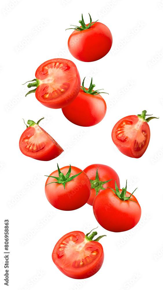 Falling tomato isolated on white background, full depth of field Falling tomato isolated on white background, full depth of field