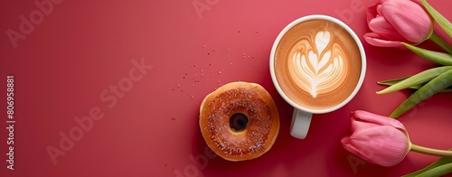 cappuccino with donut and pink tulip flowers. copyspace or text space