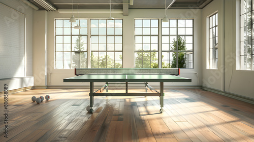 Vivid Green Table Tennis Setup in a Bright, Spacious Room with Hardwood Laminate Flooring