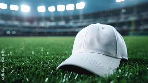 mock up white cap positioned on a baseball field with the stadium lights shining in the background, hinting at sports fandom photo
