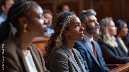 diverse jurors seated in jury box focused on courtroom testimony natural light
