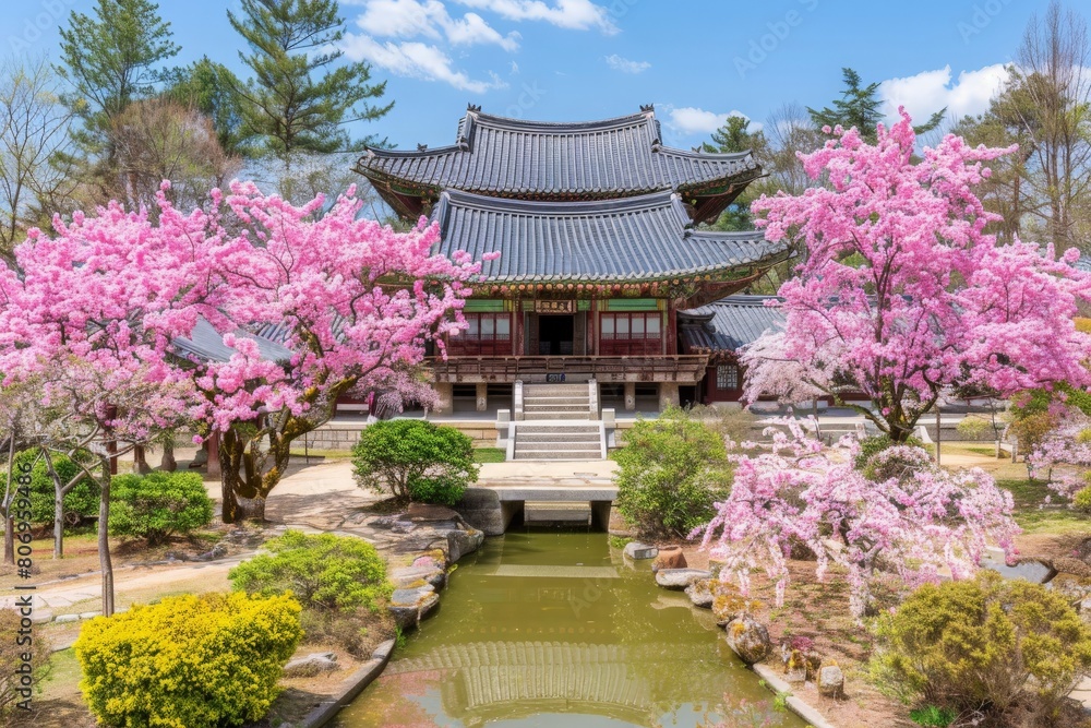 Cherry blossoms frame a serene South Korean temple with a tranquil pond in the fore. Cherry blossoms frame a serene South Korean temple with a tranquil pond in the fore.