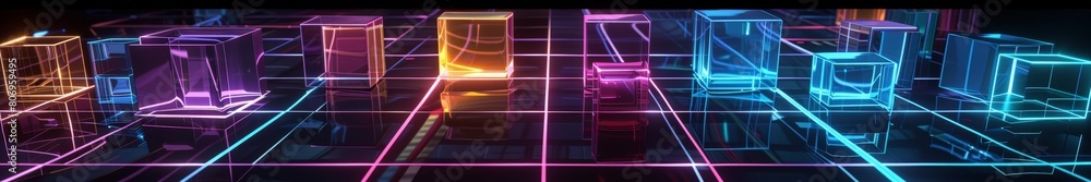 Digital cityscape with neon lighting. Neon geometric figures. High-tech future concept. Neon depth effect. Ultra wide size Digital cityscape with neon lighting. Neon geometric figures. High-tech future concept. Neon depth effect. Ultra wide size
