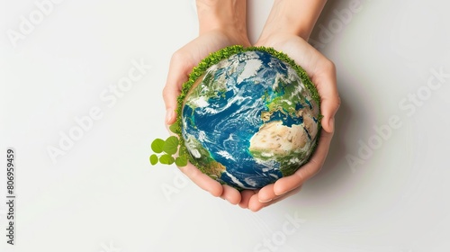 Fototapeta Naklejka Na Ścianę i Meble -  earthly embrace hands holding globe with lush green foliage world environment day concept white background