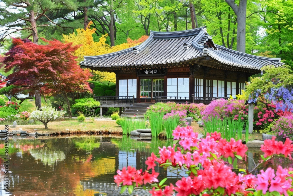 Traditional Korean pavilion amidst a vibrant garden in full bloom. Traditional Korean pavilion amidst a vibrant garden in full bloom.