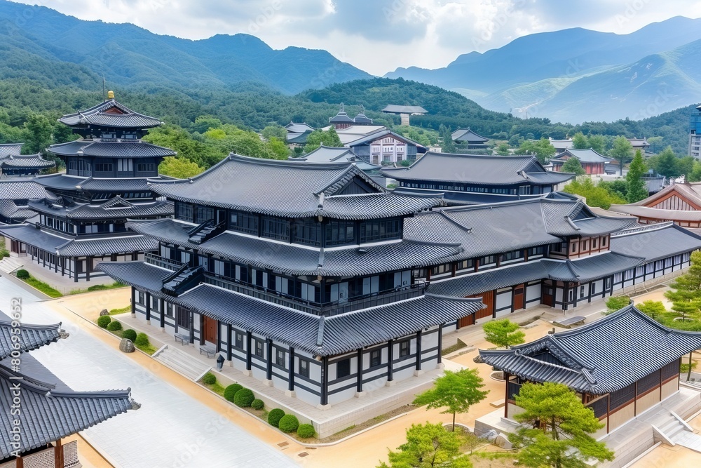 An aerial view captures a grand building standing in the midst of majestic mountains against a breathtaking backdrop.