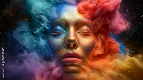 A woman's face is covered in colorful glitter, with smoke surrounding her. The smoke is in different colors, creating a vibrant and eye-catching effect. Scene is one of creativity © Дмитрий Симаков