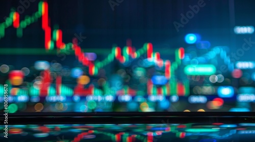 A blurry image of a city skyline with a phone in the foreground. The phone is on a table and the image is of a stock market