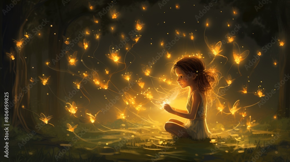 Obraz premium Firefly swarm pixie watercolor illustration - Generative AI. Little, girl, pixie, fly, light.