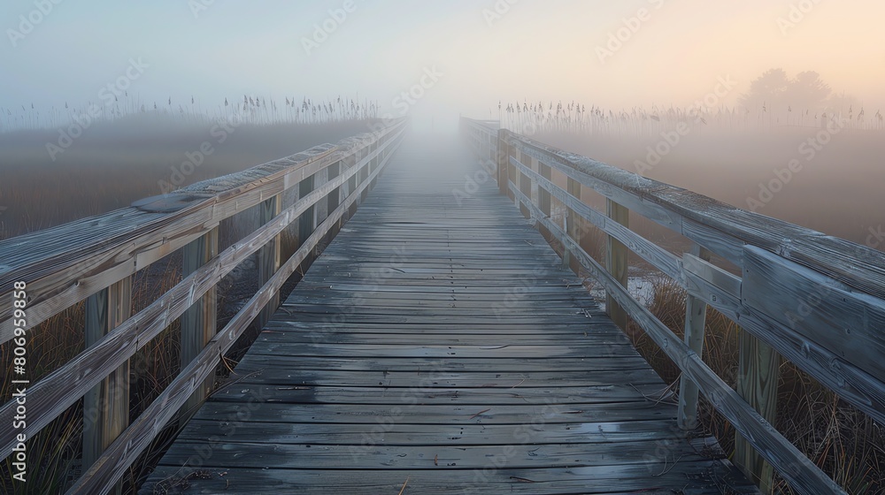 A wooden dock disappears into the distance on a foggy day.