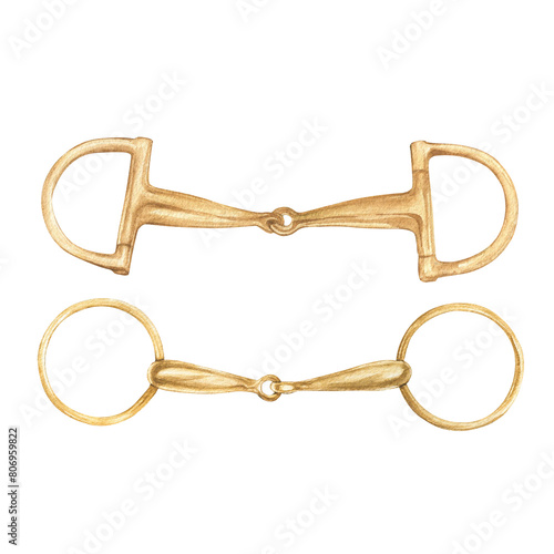 Fotografie Watercolor illustration of golden snaffle, bit with D-Ring and circle rings