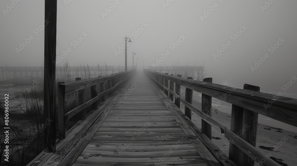 Obraz premium A wooden dock or boardwalk extends into the distance on a foggy day. The fog gives the scene a mysterious and eerie feeling.