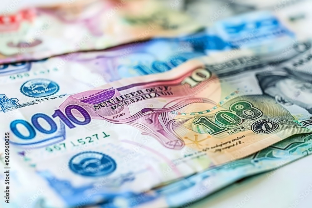 Fototapeta premium A close-up view of scattered South Korean Won currency, showcasing a mix of colors and denominations.