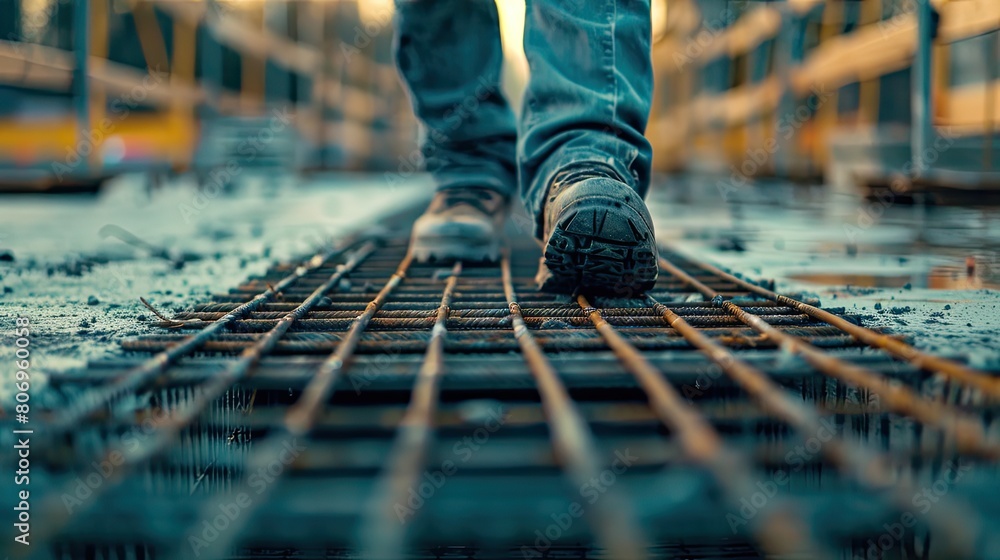 Close up of worker walking on metal platform at construction site. Engineer banner Close up of worker walking on metal platform at construction site. Engineer banner