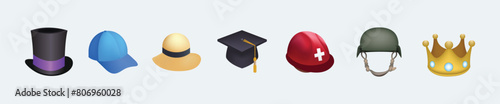 Set of hats and cap illustration, icon emoji vector. Hats set, collection of headgear, vector icons. Stylish summer male and female headwear, bachelor cap, fireman hat, crown, military army beret icon