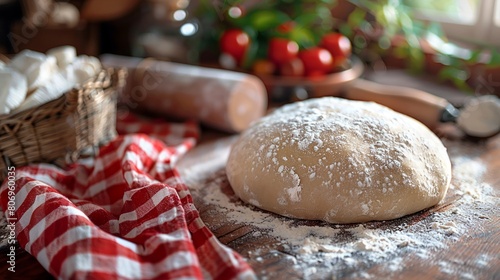 Fresh dough rising under a red and white checkered cloth beside a rustic rolling pin in a vintage kitchen.