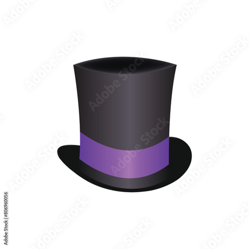 Black top hat with purple strip isolated on white background. Top hat with purple ribbon. Magic hat emoji icon vector. 