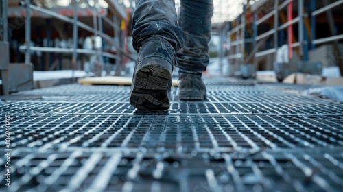 Close up of worker walking on metal platform at construction site. Engineer banner
