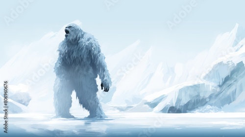 Frozen yeti watercolor illustration - Generative AI. Yeti, snow, mountain, ice. © Mariia