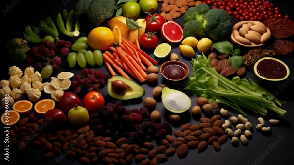 A variety of fruits and vegetables are spread out on a table. Concept of abundance and health, as it showcases a diverse selection of nutritious foods A variety of fruits and vegetables are spread out on a table. Concept of abundance and health, as it showcases a diverse selection of nutritious foods