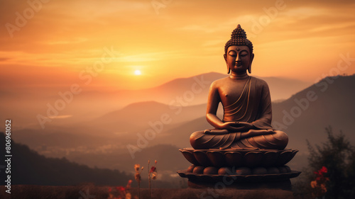 Statue of a seated Buddha against the backdrop of mountains at sunset