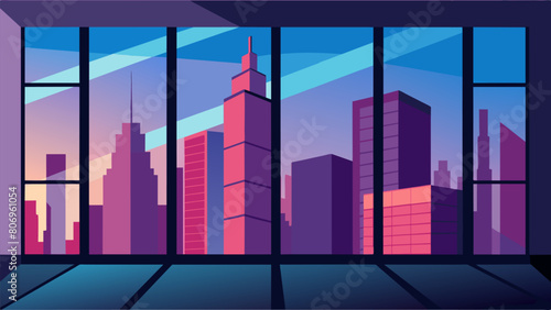 The reflective surface of the windows acting as a canvas for the surrounding skyscrs and sky to create a backlit reflection.. Vector illustration