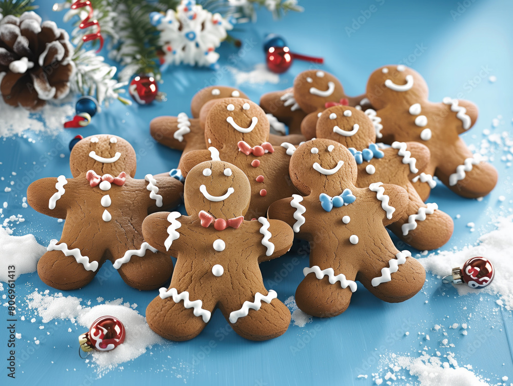 Celebrate Christmas with a charming display of gingerbread cookies on a blue background, perfect for adding text or graphics. Perfect for the holidays!